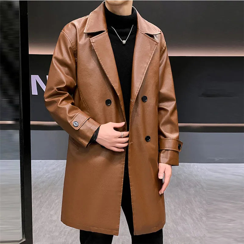 Men's PU Leather Trench Coat Quilted Winter Jacket 3