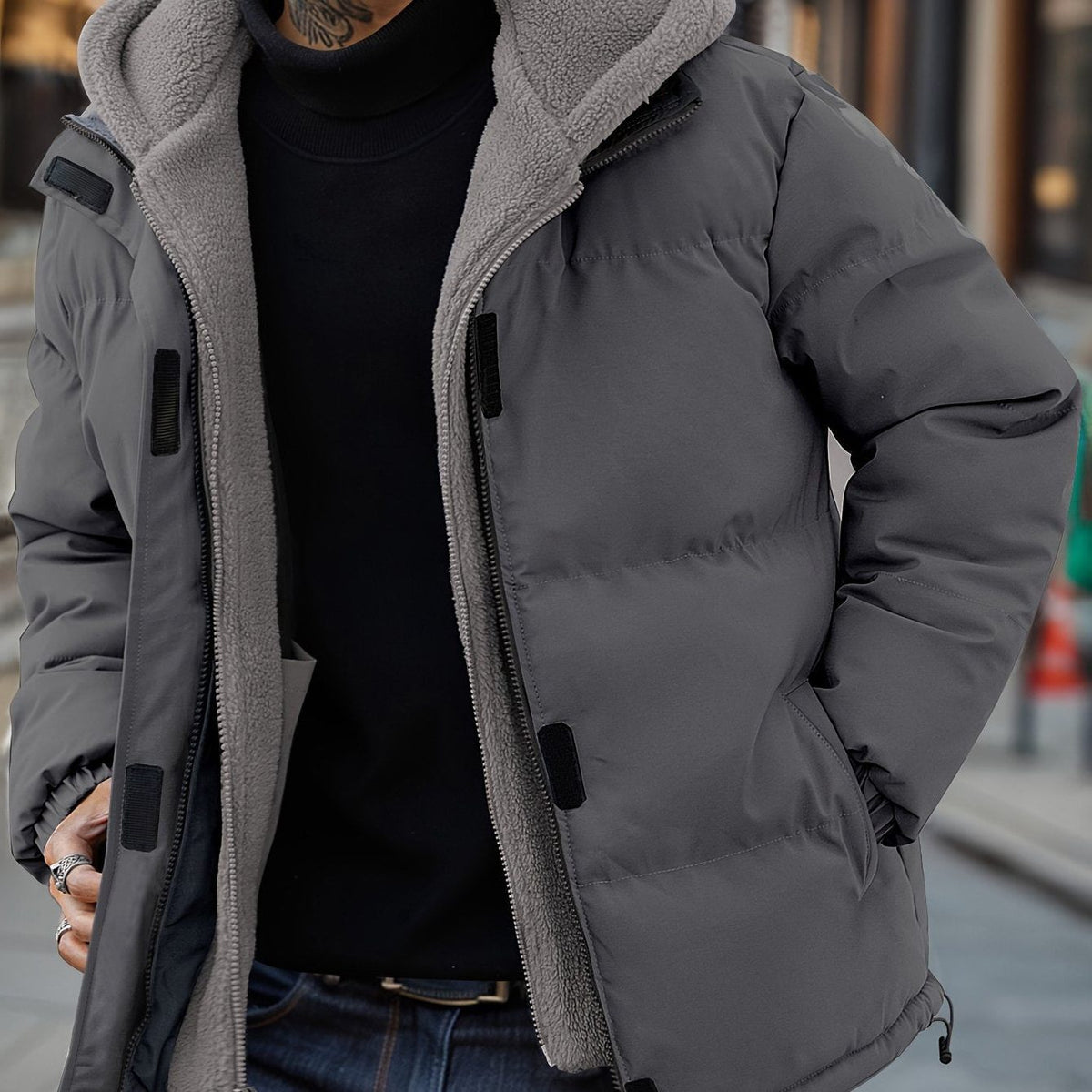 Men's Quilted Fleece-Lined Puffer Jacket Hooded 2
