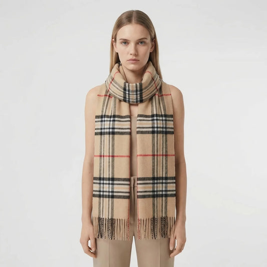 Classic Plaid Fringe Winter Scarf Camel 0