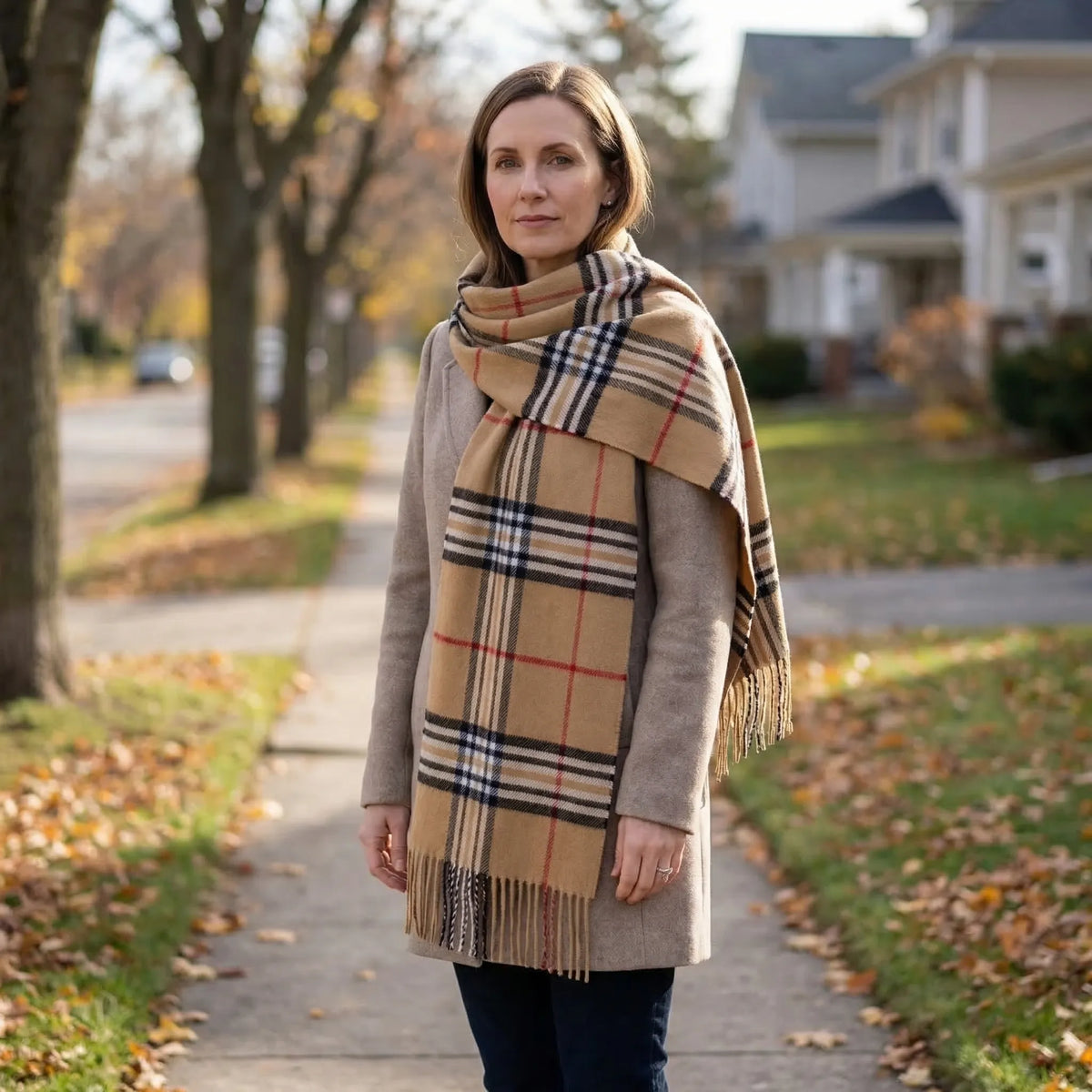 Classic Plaid Fringe Winter Scarf Camel 2