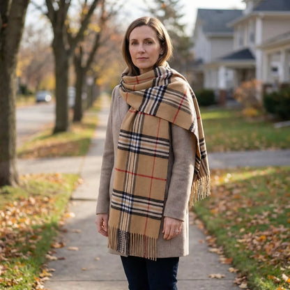 Classic Plaid Fringe Winter Scarf Camel 2