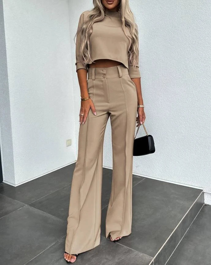Cropped Sleeve Women's Set | Two Piece High-Waist Wide-Leg Trousers 0