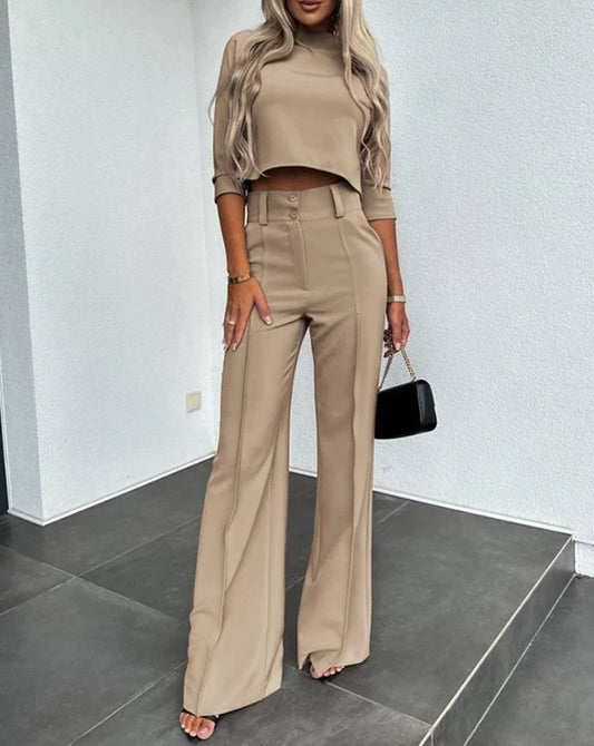 Cropped Sleeve Women's Set | Two Piece High-Waist Wide-Leg Trousers 0