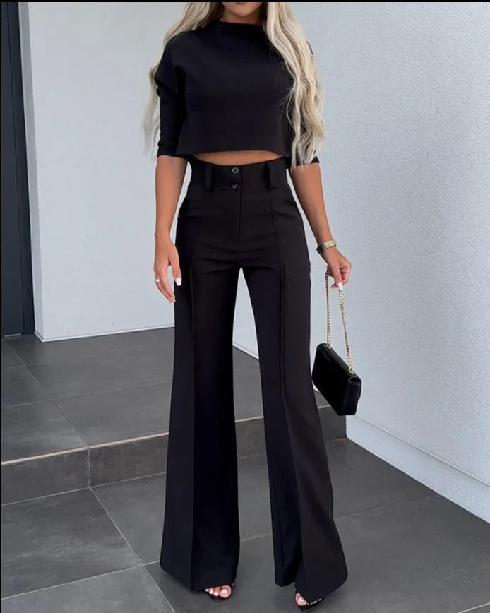 Cropped Sleeve Women's Set | Two Piece High-Waist Wide-Leg Trousers 1