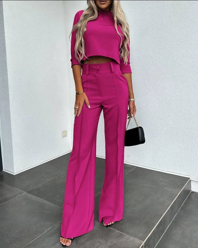 Cropped Sleeve Women's Set | Two Piece High-Waist Wide-Leg Trousers 2