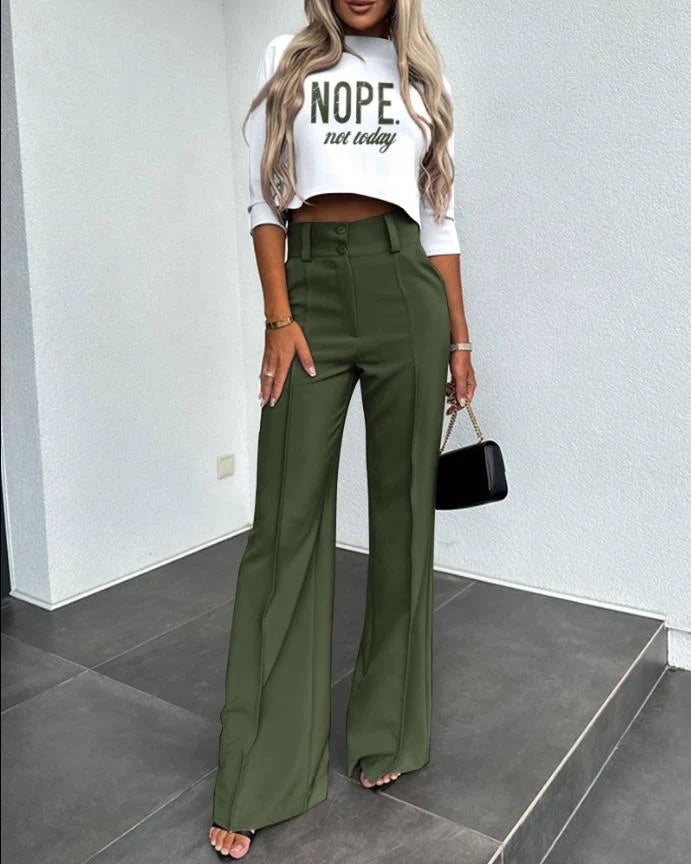 Cropped Sleeve Women's Set | Two Piece High-Waist Wide-Leg Trousers 4