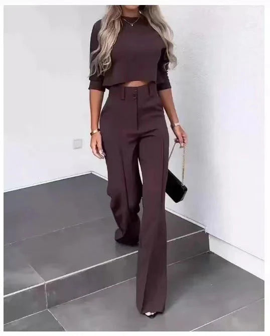 Cropped Sleeve Women's Set | Two Piece High-Waist Wide-Leg Trousers 5