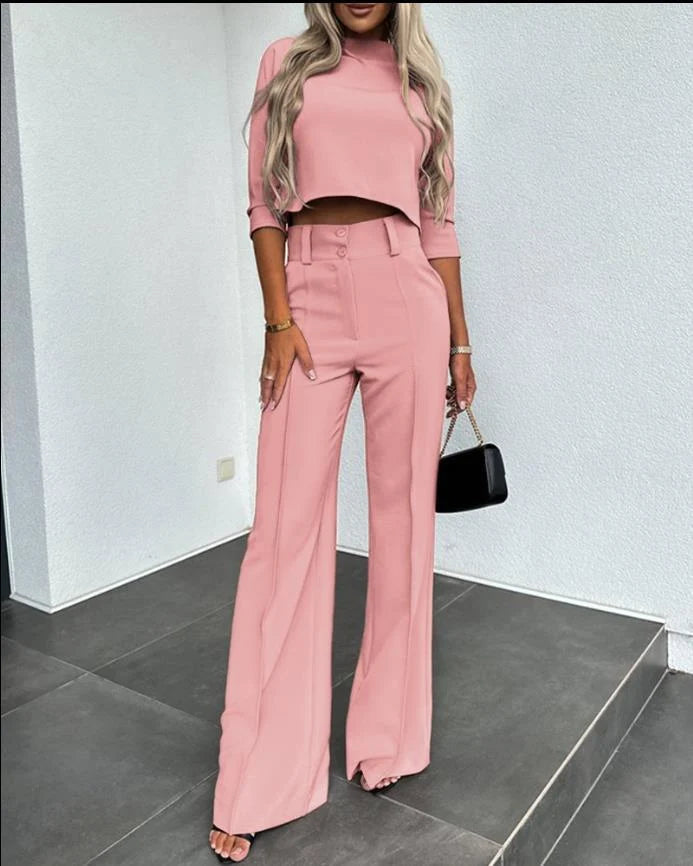 Cropped Sleeve Women's Set | Two Piece High-Waist Wide-Leg Trousers 6