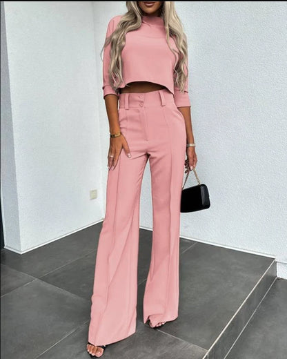 Cropped Sleeve Women's Set | Two Piece High-Waist Wide-Leg Trousers 6
