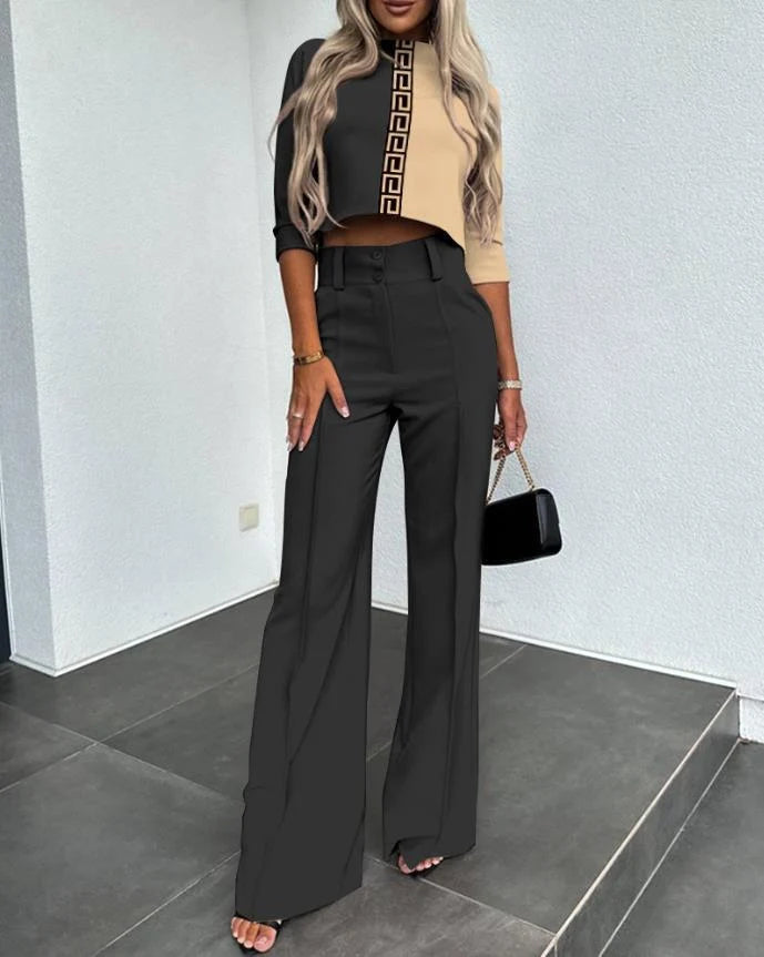 Cropped Sleeve Women's Set | Two Piece High-Waist Wide-Leg Trousers 7