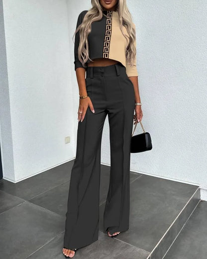 Cropped Sleeve Women's Set | Two Piece High-Waist Wide-Leg Trousers 7