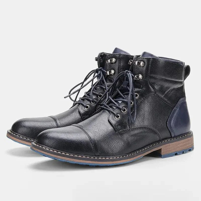 Men's Cap-Toe Block-Heel Ankle Boots | Lace-Up Leather Footwear 1