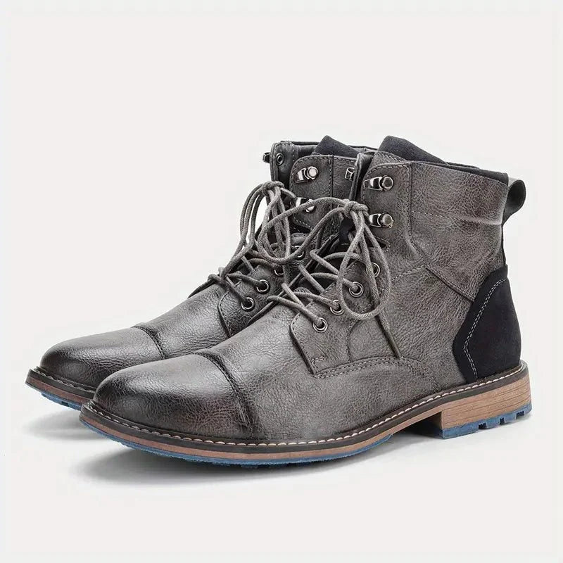Men's Cap-Toe Block-Heel Ankle Boots | Lace-Up Leather Footwear 2