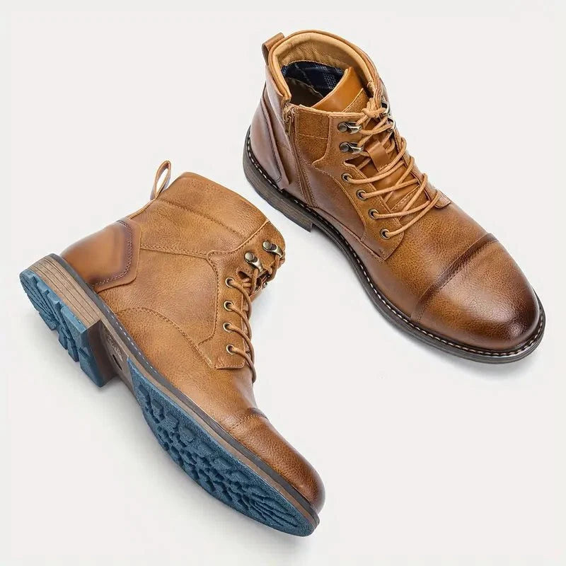 Men's Cap-Toe Block-Heel Ankle Boots | Lace-Up Leather Footwear 5