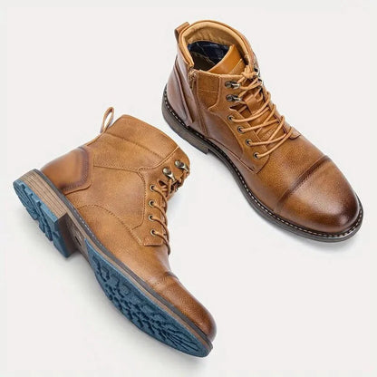 Men's Cap-Toe Block-Heel Ankle Boots | Lace-Up Leather Footwear 5