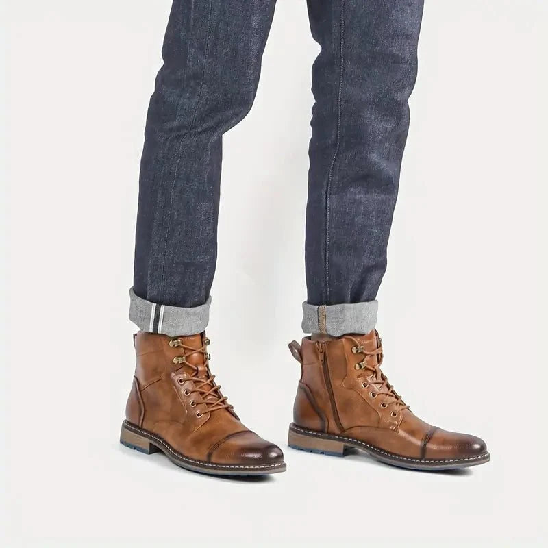Men's Cap-Toe Block-Heel Ankle Boots | Lace-Up Leather Footwear 6