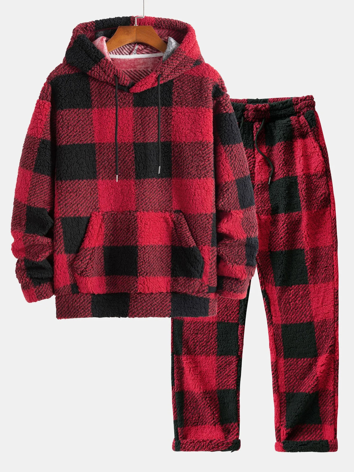 Men's Checked Teddy Fleece Tracksuit | Hooded Two-Piece Set 1