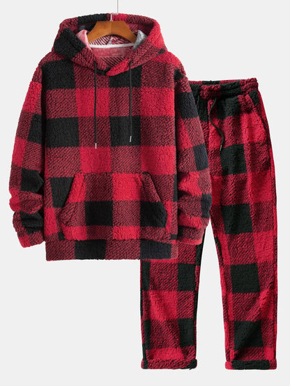 Men's Checked Teddy Fleece Tracksuit | Hooded Two-Piece Set 1