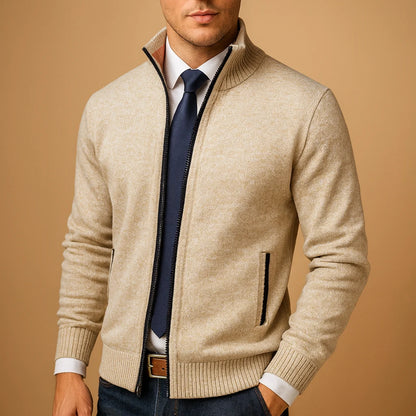 Men's Classic Zip-Up Cardigan Sweater Beige | Men's Cardigan 0