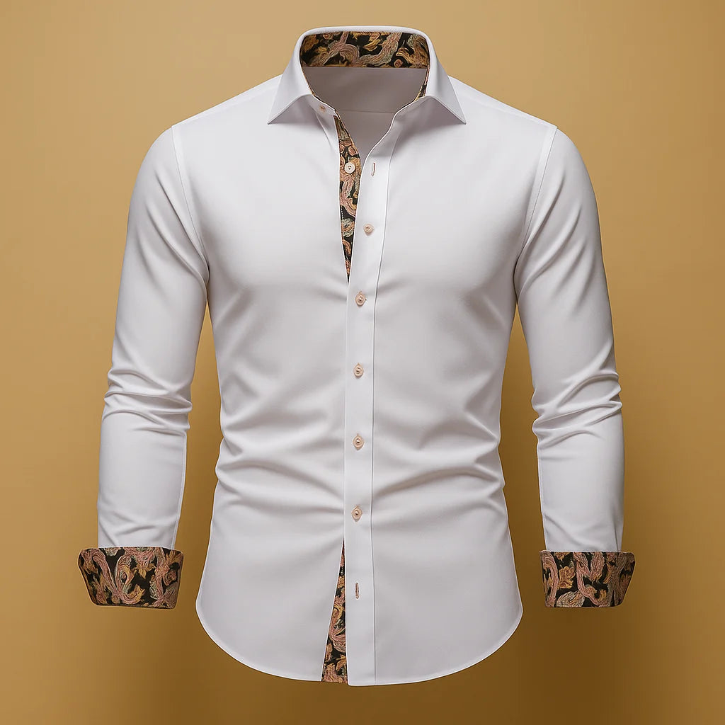 Men's Contrast-Trim Long-Sleeve Shirt Classic Collared Button-Front 0