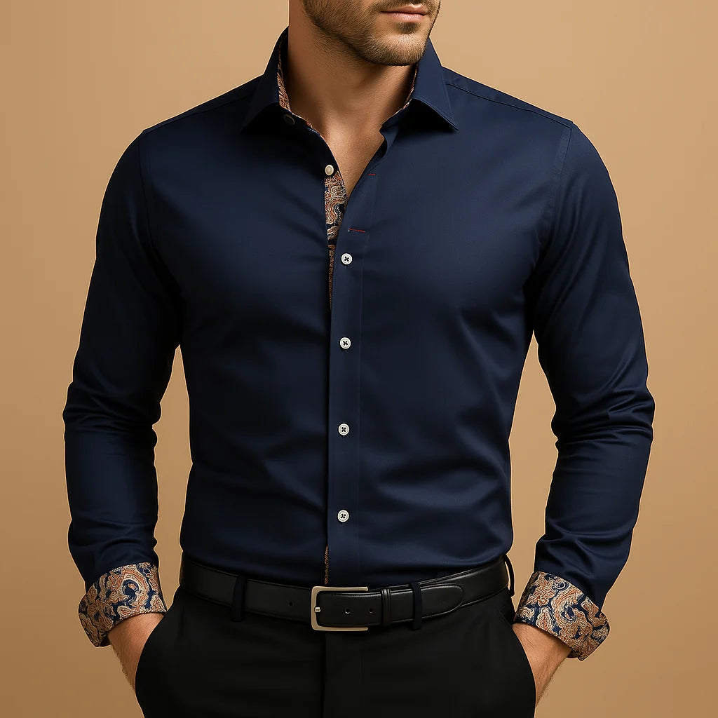 Men's Contrast-Trim Long-Sleeve Shirt Classic Collared Button-Front 1