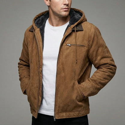 Men's Fleece-Lined Suede-Effect Jacket Hooded Zip-Up 0