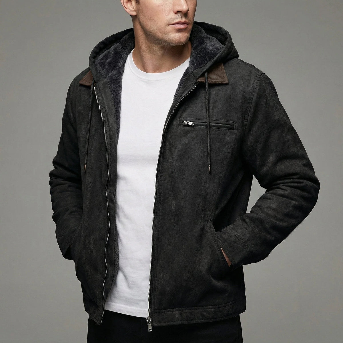 Men's Fleece-Lined Suede-Effect Jacket Hooded Zip-Up 1