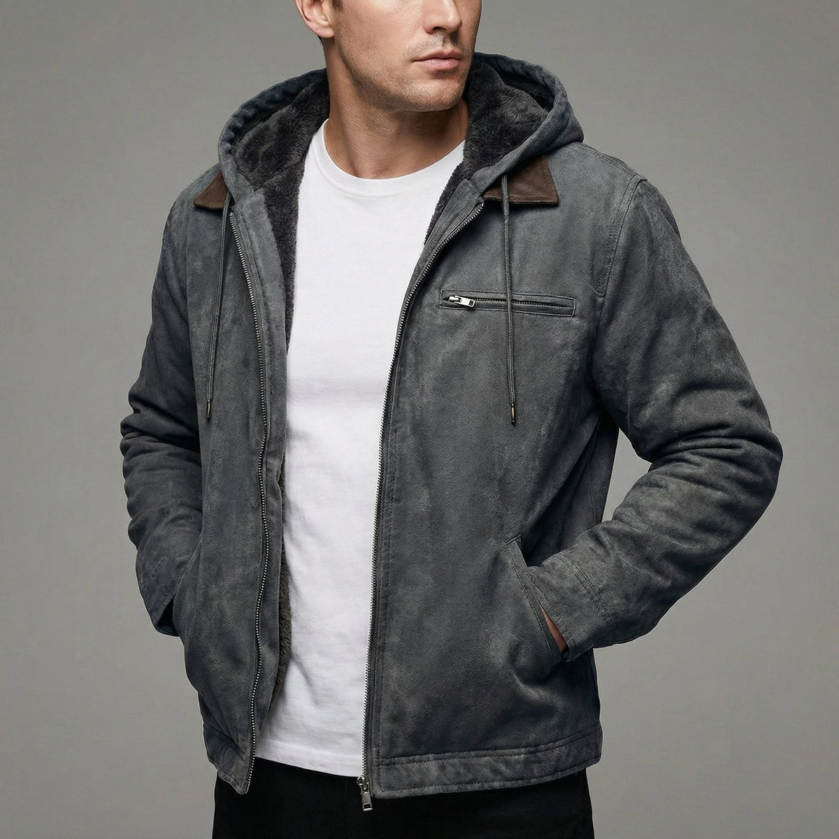 Men's Fleece-Lined Suede-Effect Jacket Hooded Zip-Up 2