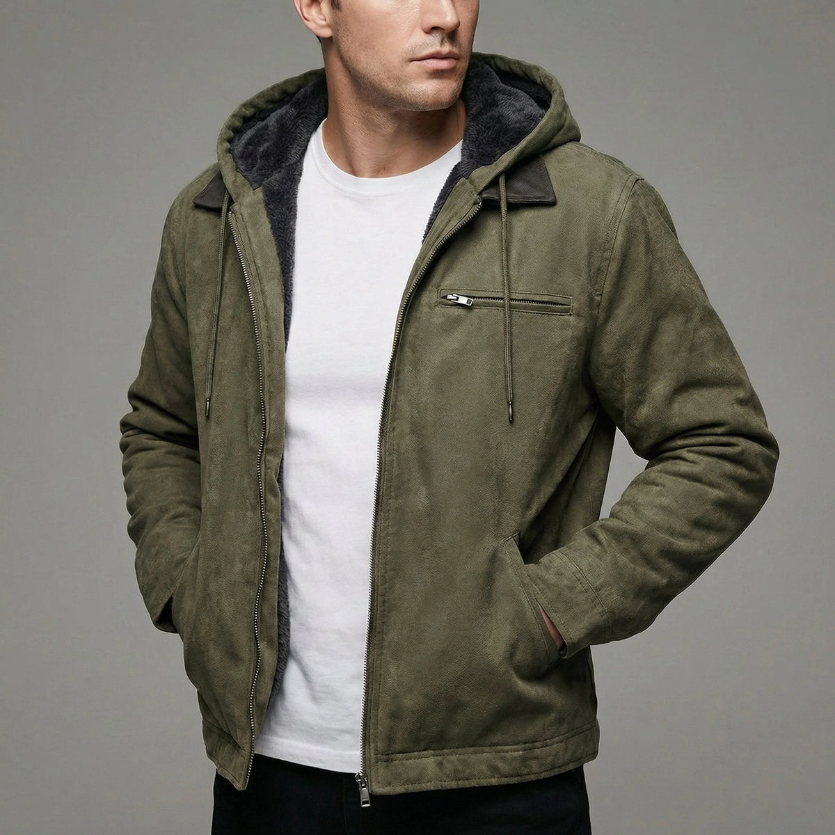Men's Fleece-Lined Suede-Effect Jacket Hooded Zip-Up 3