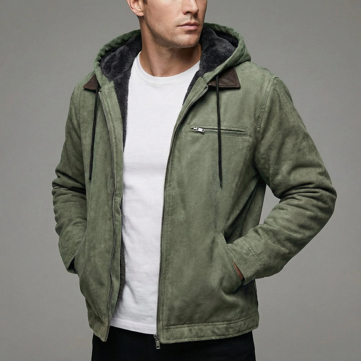 Men's Fleece-Lined Suede-Effect Jacket Hooded Zip-Up 4