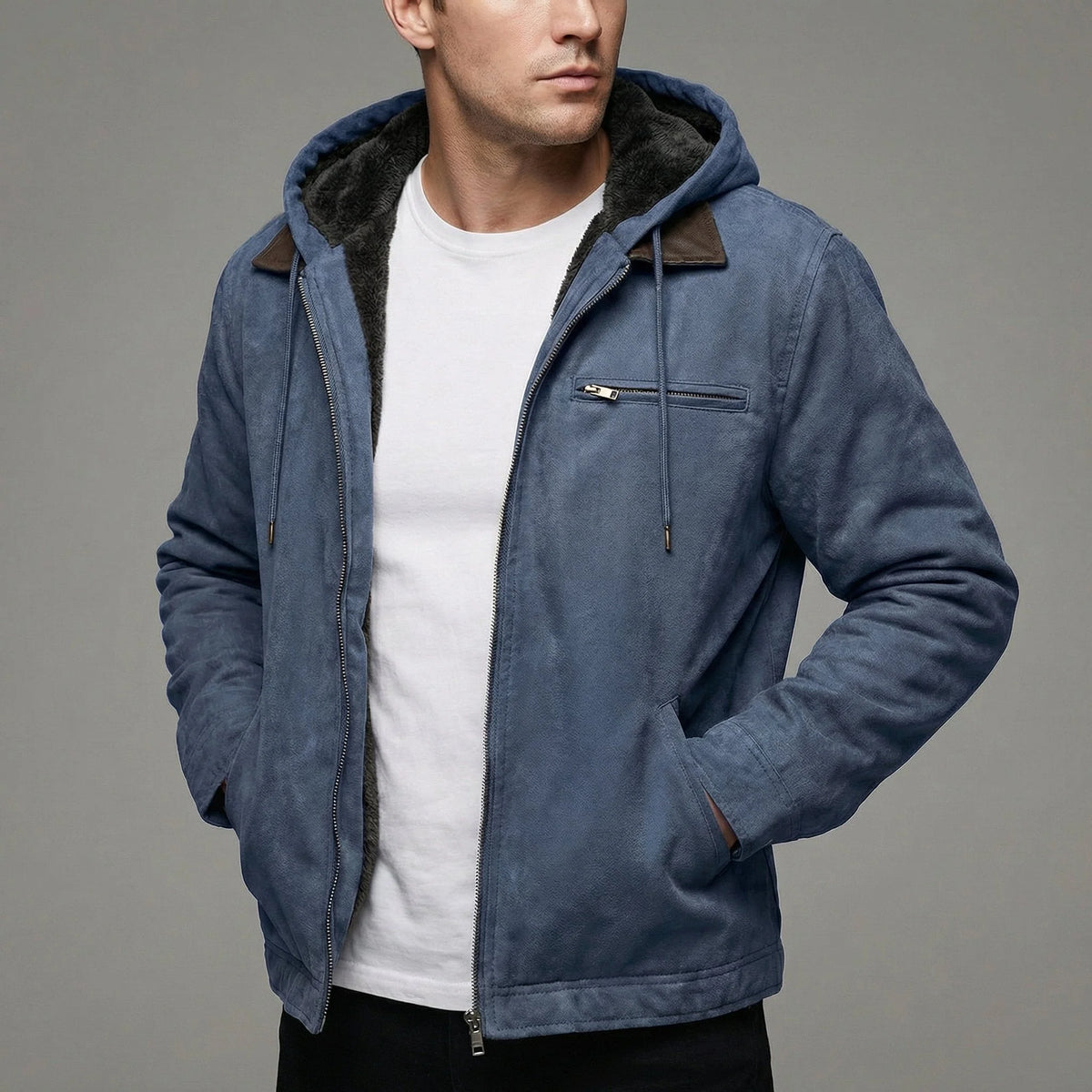 Men's Fleece-Lined Suede-Effect Jacket Hooded Zip-Up 5
