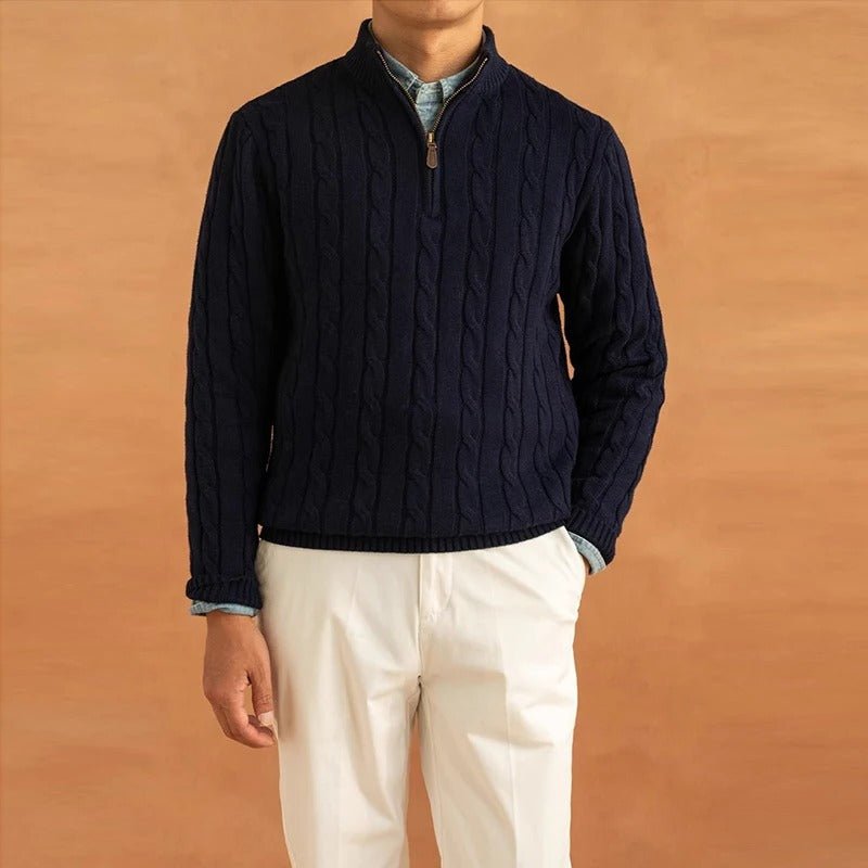 Men's Half-Zip Cable-Knit Sweater | Textured Stand-Collar Pullover 1