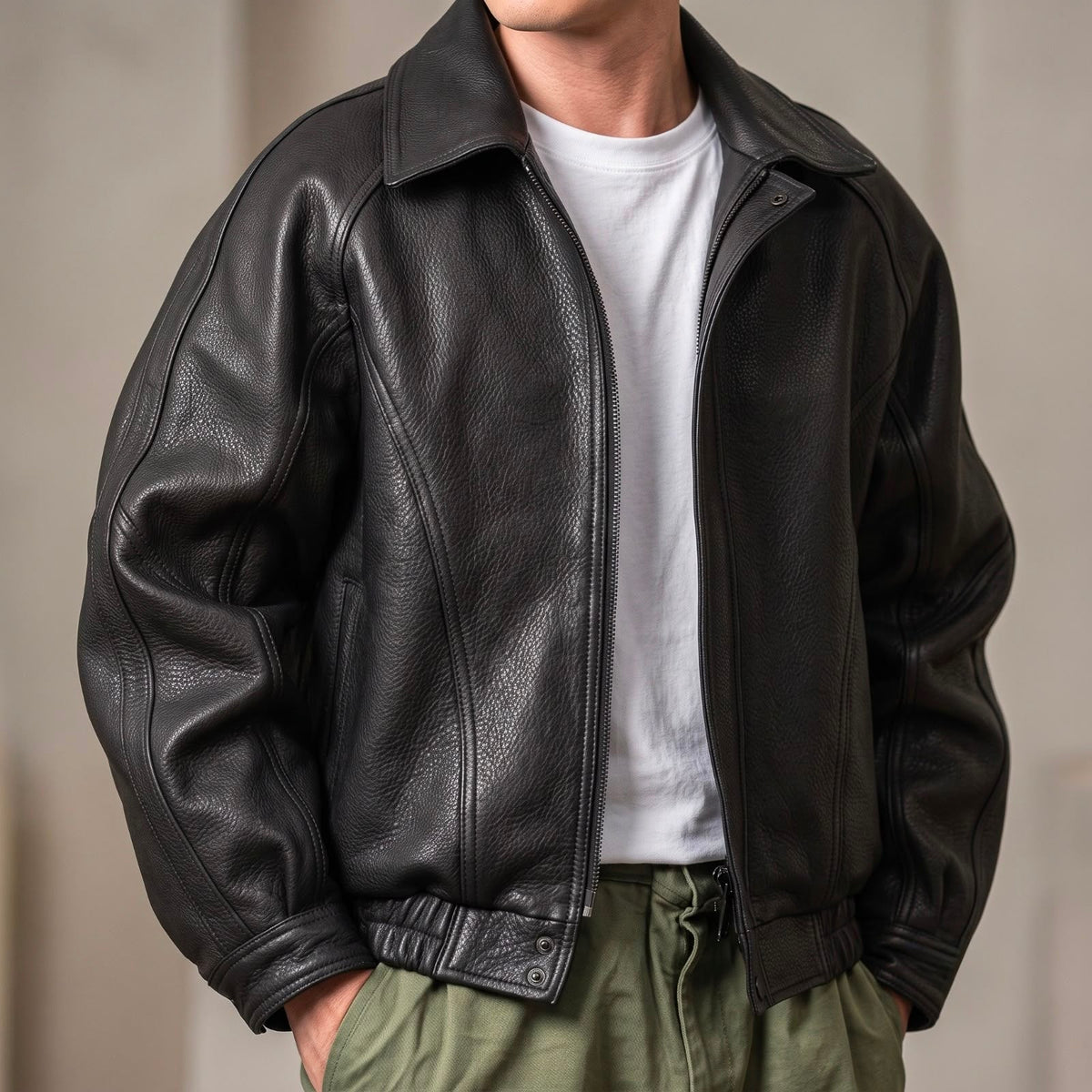 Men's Leather Zip Jacket | Structured Collar Spring Autumn Coat 0