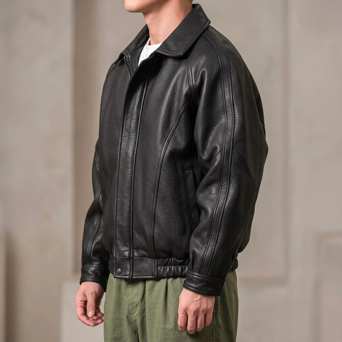 Men's Leather Zip Jacket | Structured Collar Spring Autumn Coat 1