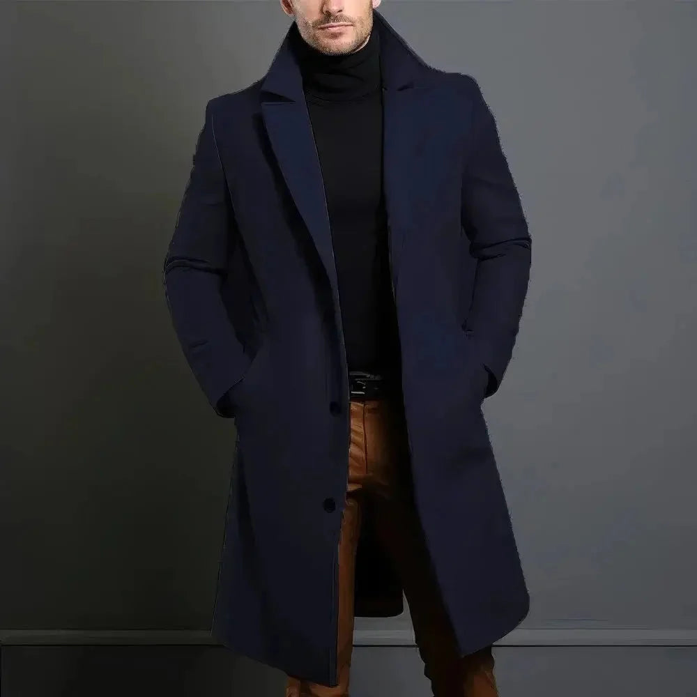 Men's Longline Tailored Overcoat | Single-Breasted Notched Lapel Coat 0