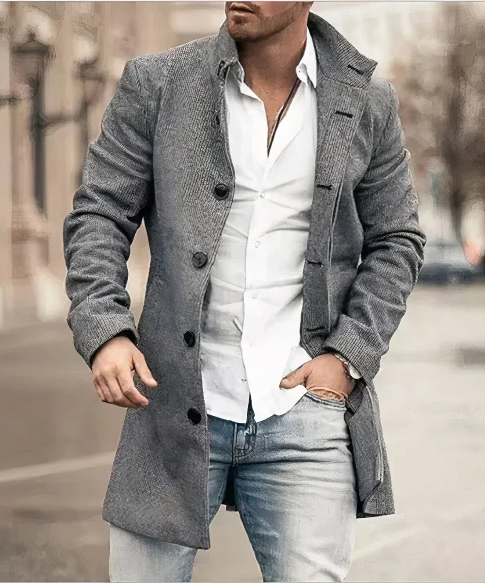 Men's Mid-Length Single-Breasted Overcoat Textured Tailored 0