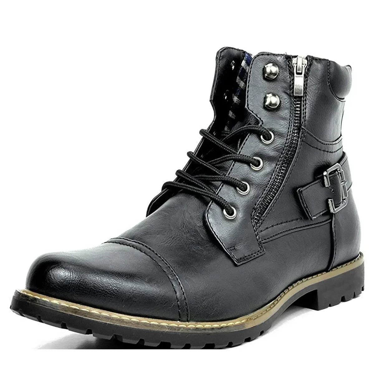 Men's PU Leather Buckle Lace-Up Boots | Durable Outdoor Footwear 0
