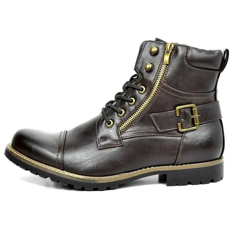 Men's PU Leather Buckle Lace-Up Boots | Durable Outdoor Footwear 2