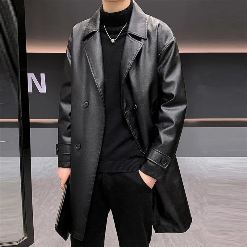 Men's PU Leather Trench Coat Quilted Winter Jacket 0