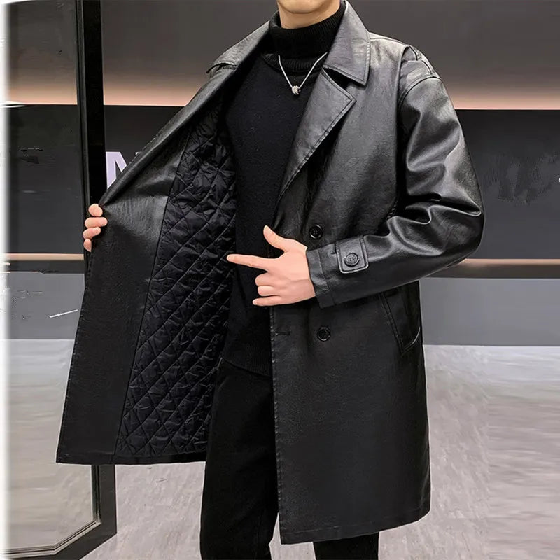 Men's PU Leather Trench Coat Quilted Winter Jacket 2