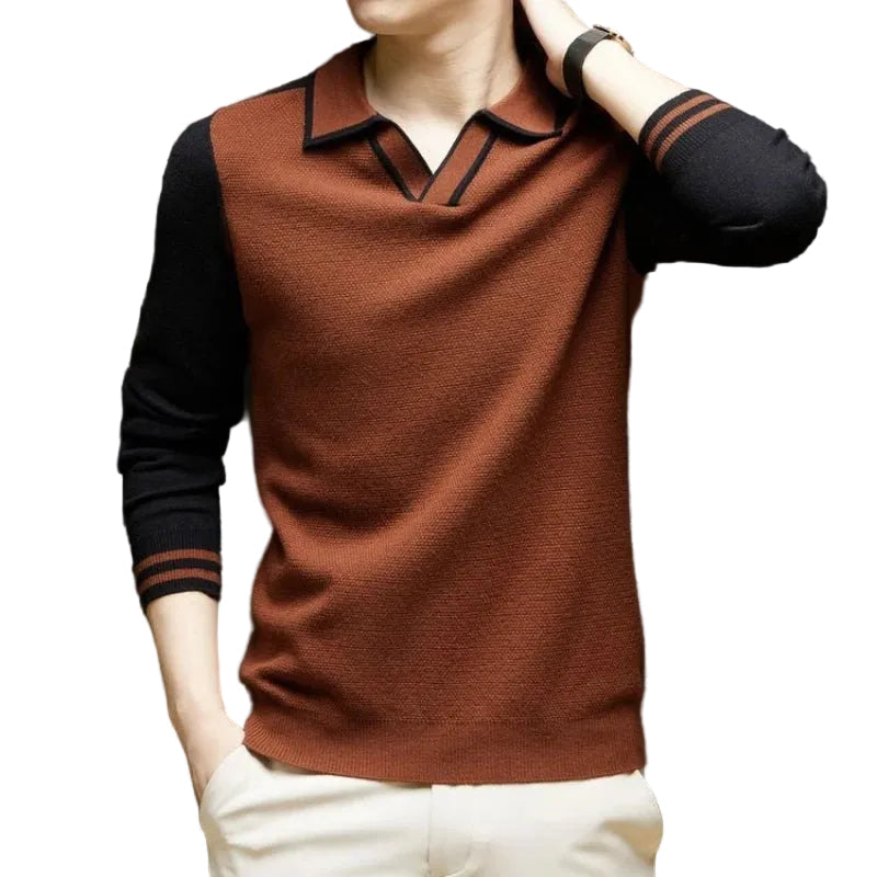 Men's Polo Sweater Long Sleeve Contrast Collar Knit 1