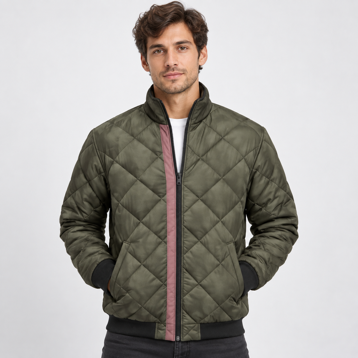 Men's Quilted Bomber Jacket Diamond-Stitched Stand-Collar 0