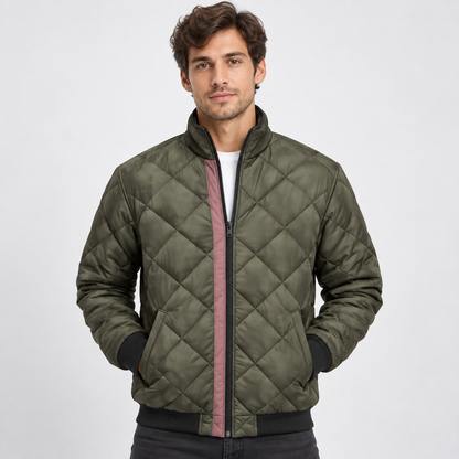 Men's Quilted Bomber Jacket Diamond-Stitched Stand-Collar 0