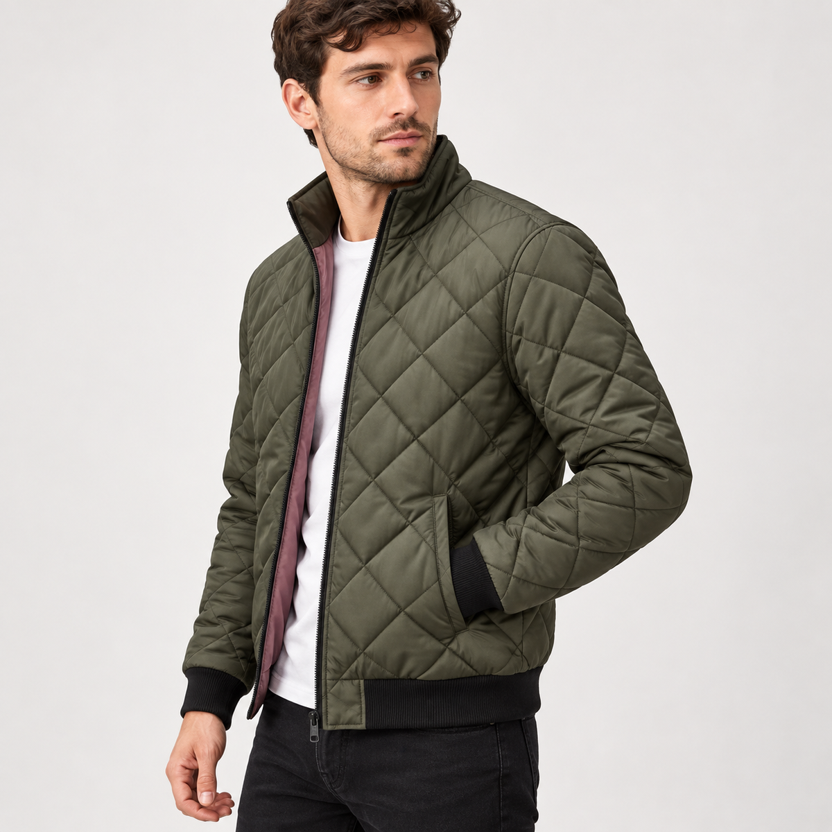 Men's Quilted Bomber Jacket Diamond-Stitched Stand-Collar 1