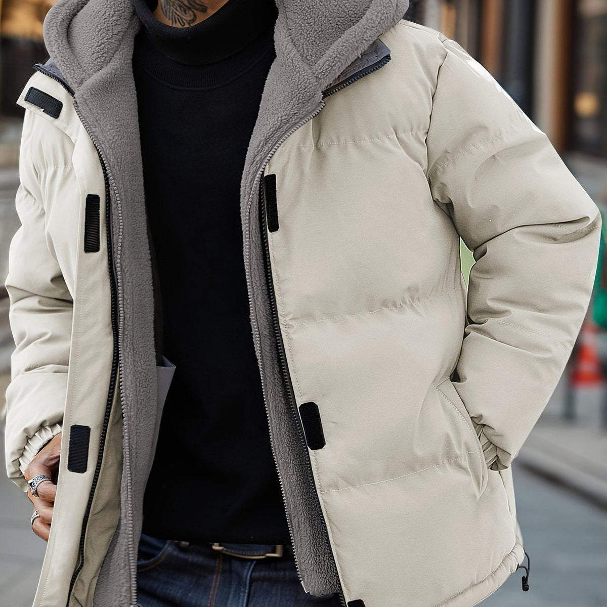 Men's Quilted Fleece-Lined Puffer Jacket Hooded 0