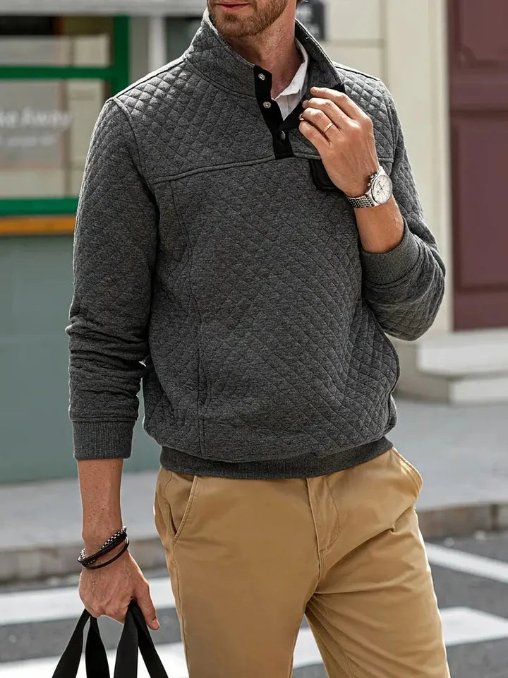 Men's Quilted Pullover Sweater | Buttoned Stand Collar 0