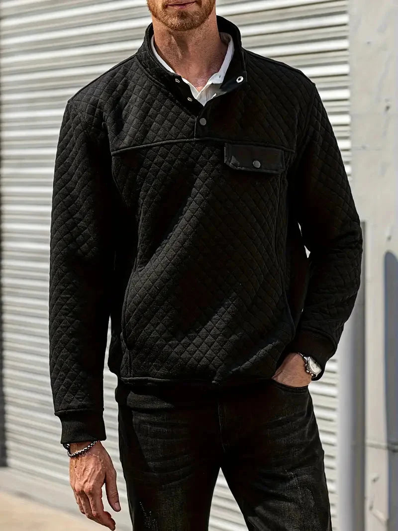 Men's Quilted Pullover Sweater | Buttoned Stand Collar 1