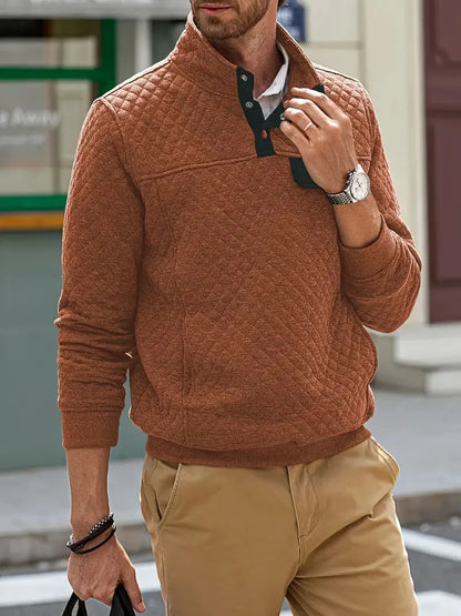 Men's Quilted Pullover Sweater | Buttoned Stand Collar 2