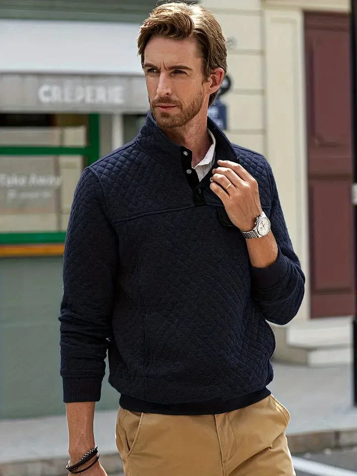 Men's Quilted Pullover Sweater | Buttoned Stand Collar 4