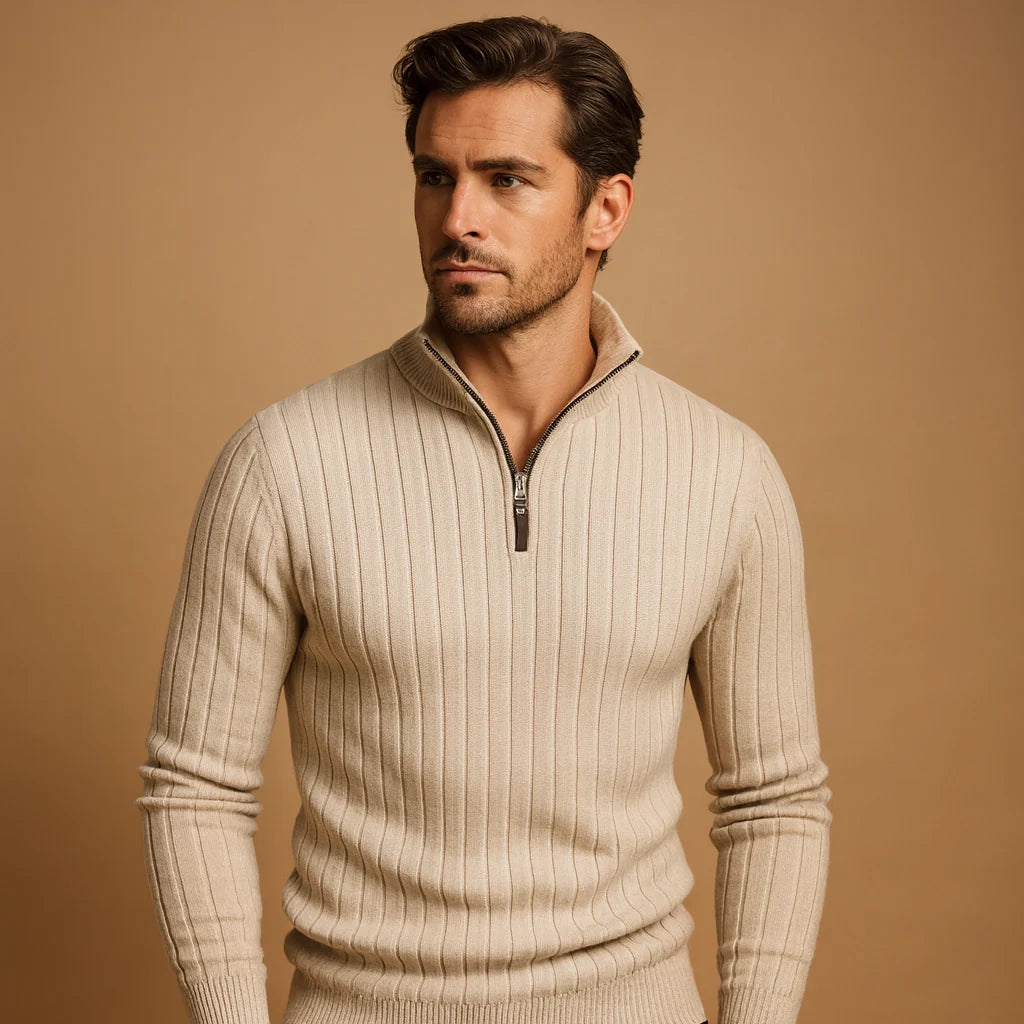 Men's Ribbed Half-Zip Sweater Stand-Collar Autumn Layer 0